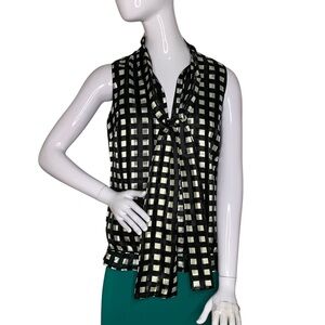 The Limited Top Sleeveless Plaid Black  Shiny Cream Neck Tie Elastic Waist Sz S